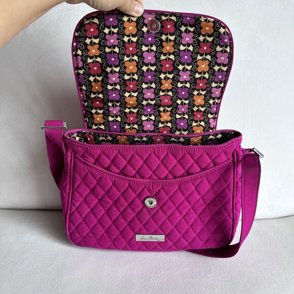VERA BRADLEY Medium Flap Crossbody Messenger Bag Fuchsia Vivid Pink Quilted Poly - Picture 8 of 9